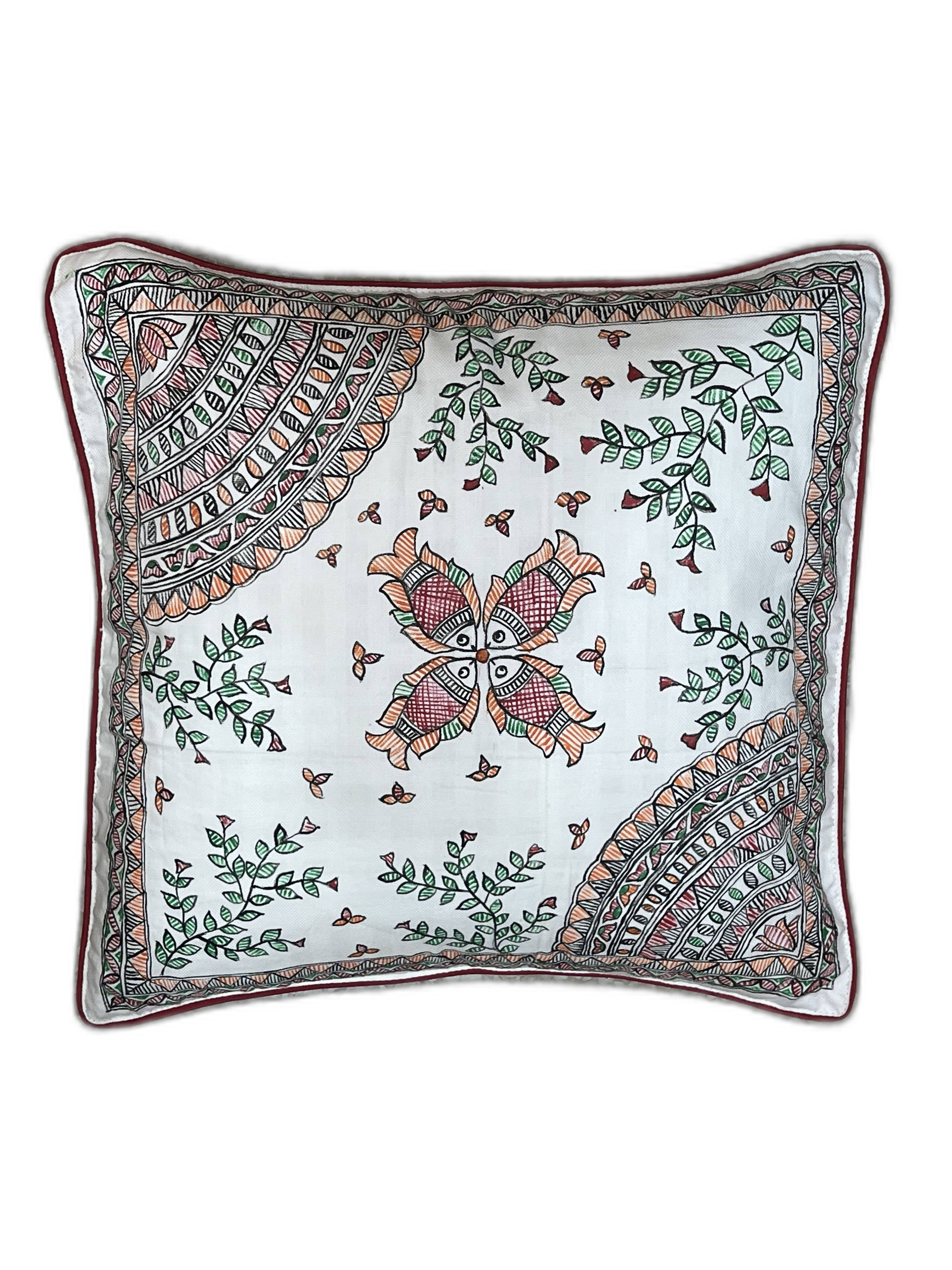 HAND-PAINTED MADHUBANI FISH CUSHION COVER